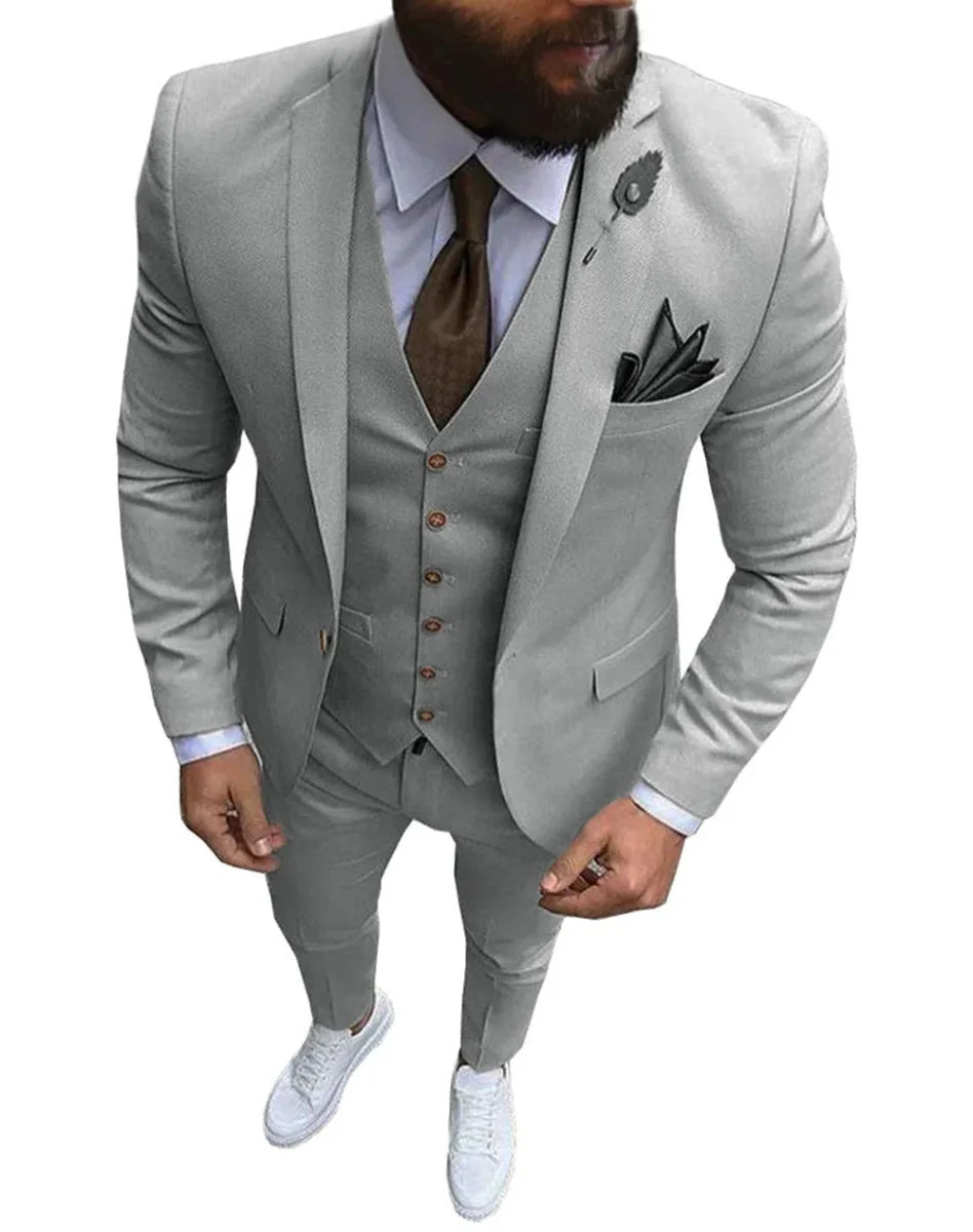 Pink men's 3-piece slim fit suit with notch lapel, including blazer, vest, and pants, ideal for weddings and formal occasions.