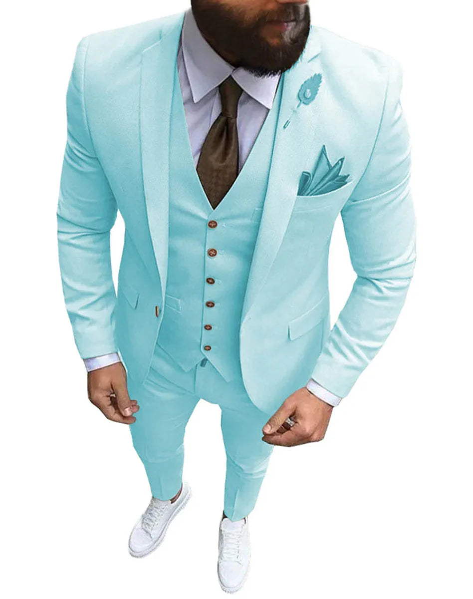 Pink men's 3-piece slim fit suit with notch lapel, includes blazer, vest, and pants, ideal for wedding or formal occasions.