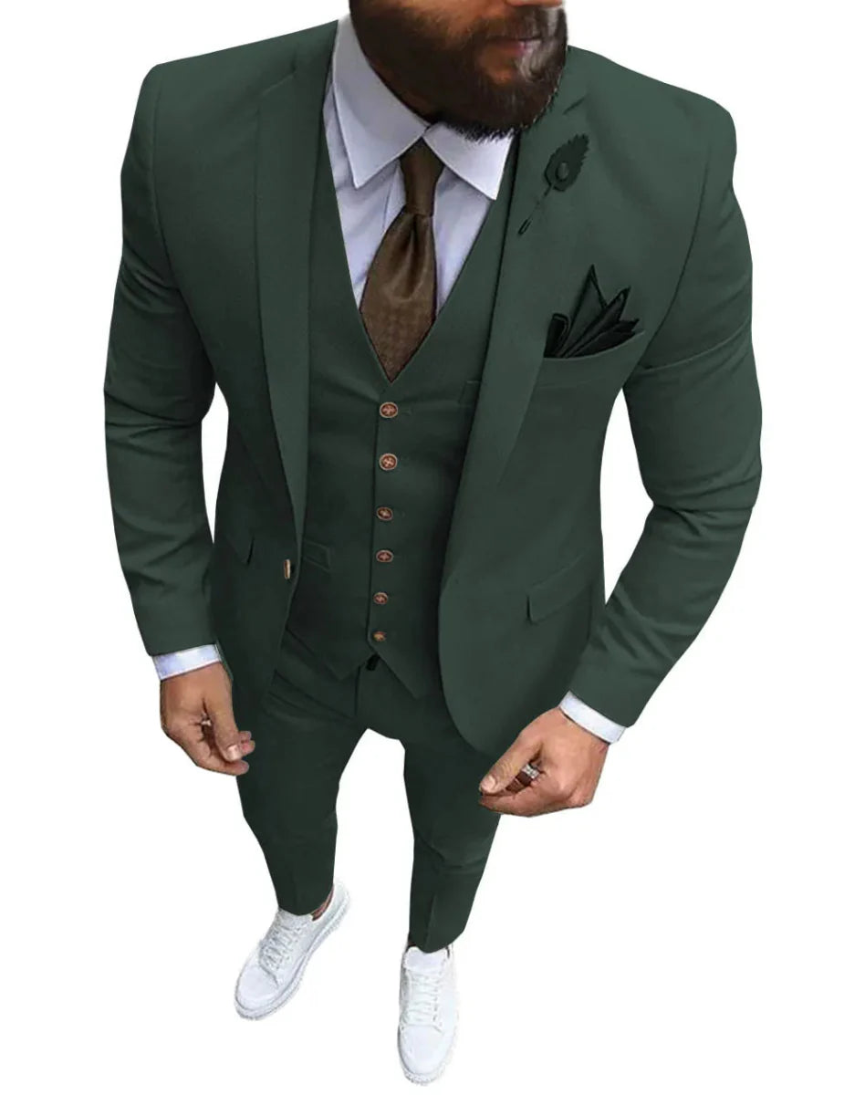 Pink men's 3-piece slim fit suit with notch lapel, includes blazer, vest, and pants, ideal for wedding or formal events.