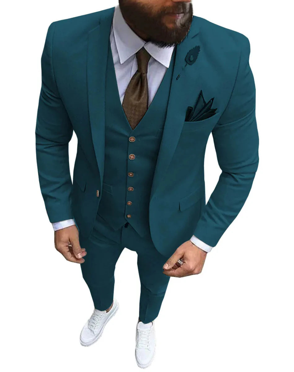 Pink men's 3-piece slim fit suit with notch lapel, includes blazer, vest, and pants, ideal for wedding or formal occasions