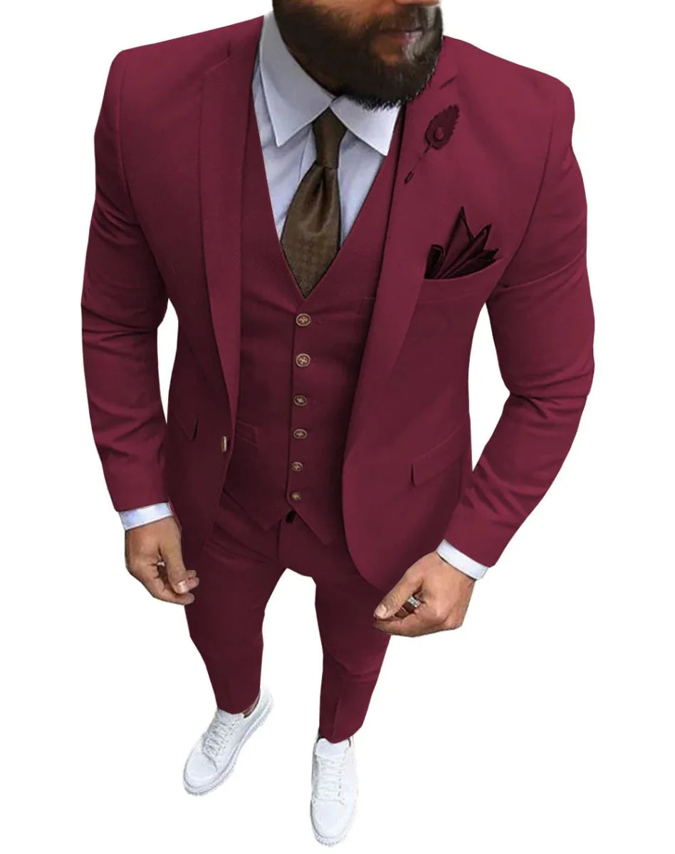 Pink men's 3-piece slim fit suit with notch lapel, blazer, vest, and pants, perfect for weddings and formal occasions.