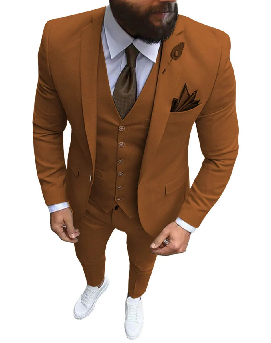 Pink men's 3-piece slim fit suit with notch lapel, including blazer, vest, and pants, designed for wedding and formal occasions.
