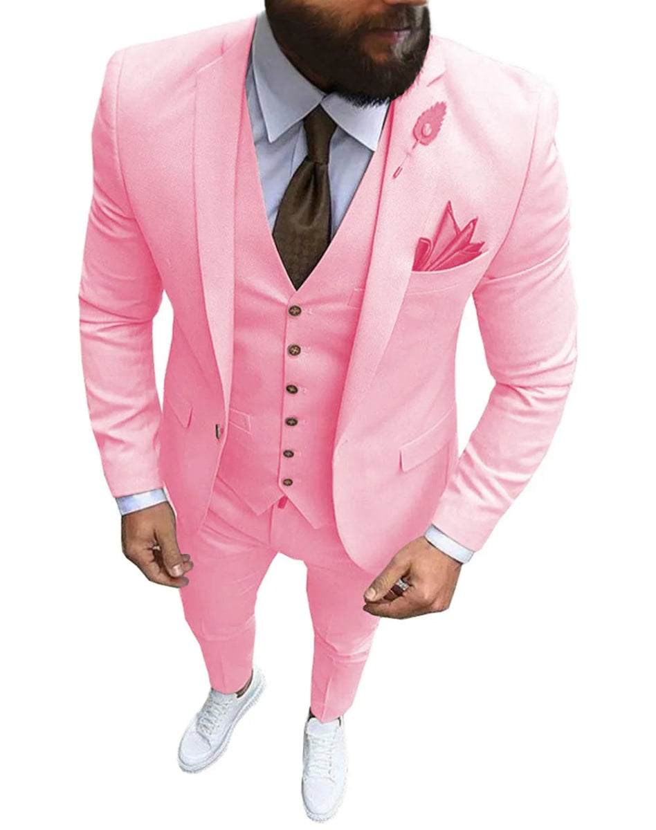 New Pink Men's 3 Pieces Suit Formal Business Notch Lapel Slim Fit Tuxedos Best Man Blazer For Wedding(Blazer+Vest+Pants) - SHOWLU FASHION STORE