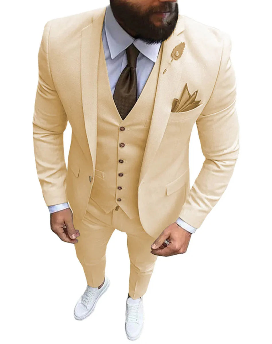Pink men's 3-piece slim fit suit with notch lapel, blazer, vest, and pants, ideal for wedding or formal occasions.