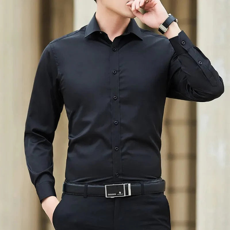 Plus size men's white slim fit business dress shirt by Showlu Fashion, long sleeve cotton shirt in classic style.