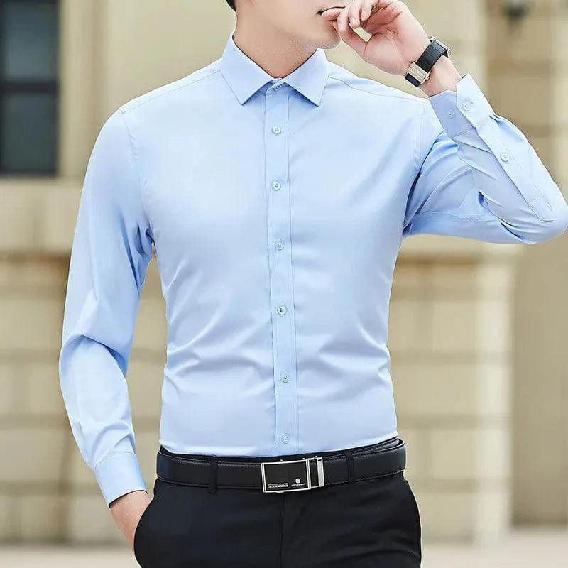 Men's plus size slim fit white cotton business dress shirt by Showlu Fashion, long sleeve, classic and casual style