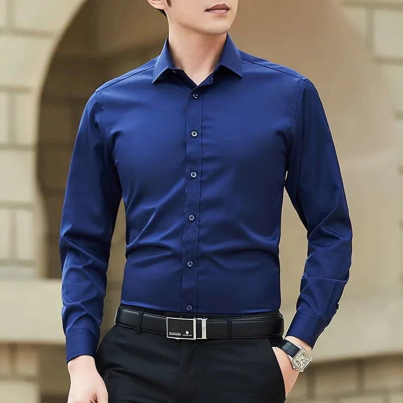 Men's plus size slim fit white cotton business dress shirt by Showlu Fashion Store, long sleeve, classic casual style.