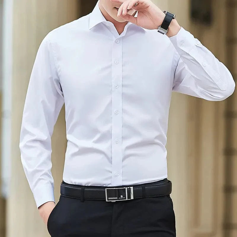 Men's plus size white business dress shirt by Showlu Fashion, slim fit cotton shirt with long sleeves for formal or casual wear.