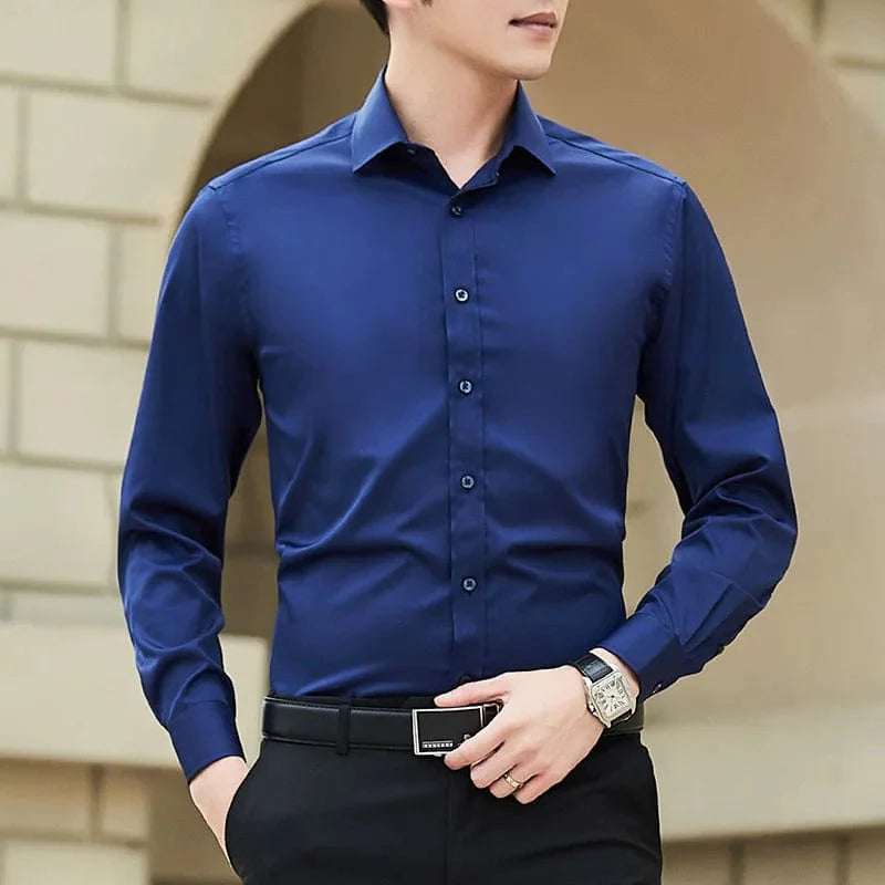 Plus size men's slim fit white cotton business dress shirt by Showlu Fashion, long sleeve, classic and casual style.