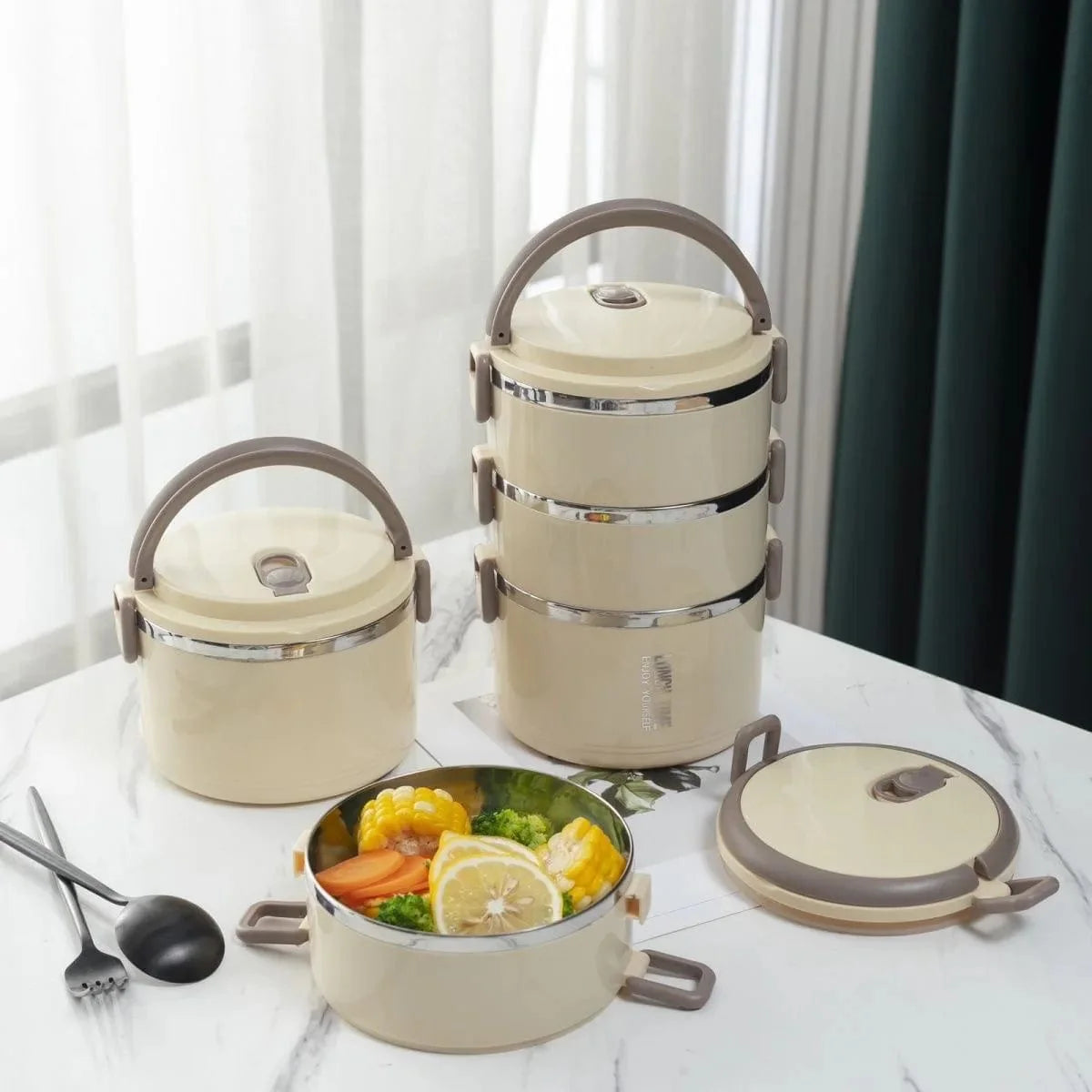 Showlu stainless steel thermal lunch box set with insulated bag for hot food, portable and designed for adults.