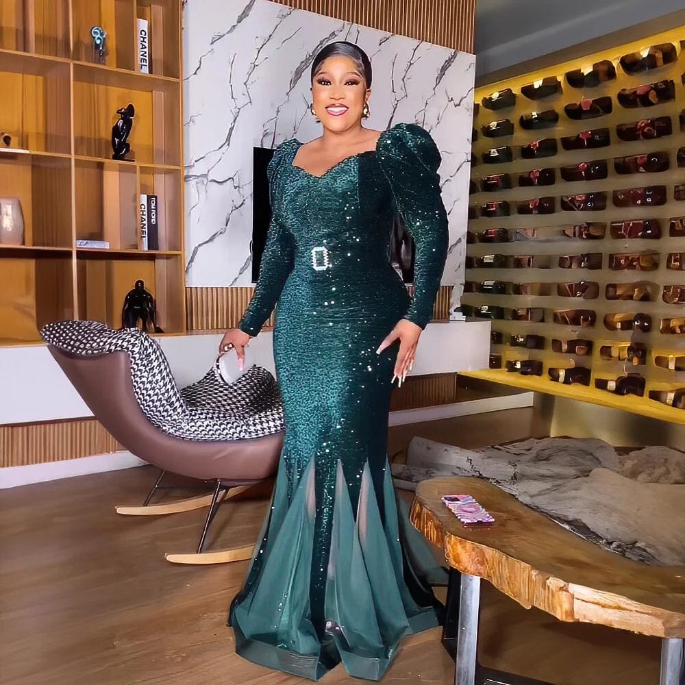 Amunyelia women's sequin mesh African evening dress with an elegant fishtail design, perfect for special African parties.