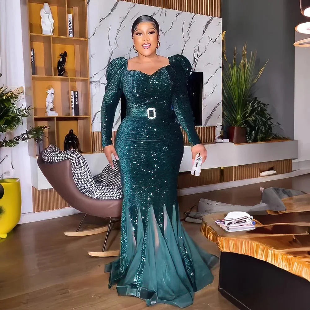 Elegant Amunyelia Women's Sequin Mesh African Evening Dress with fishtail silhouette, perfect for stylish African parties and events.