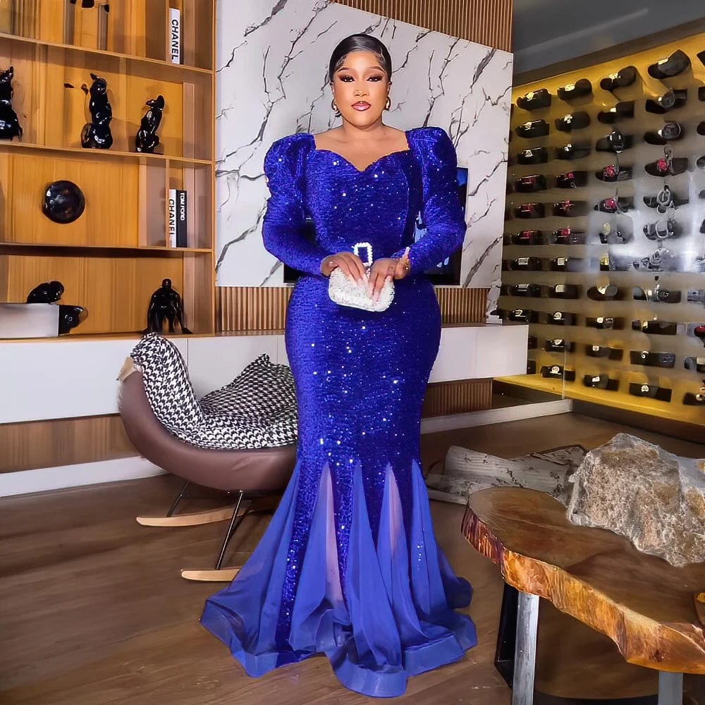 Amunyelia women's sequin mesh African evening dress with a fishtail design, elegant and perfect for special occasions.