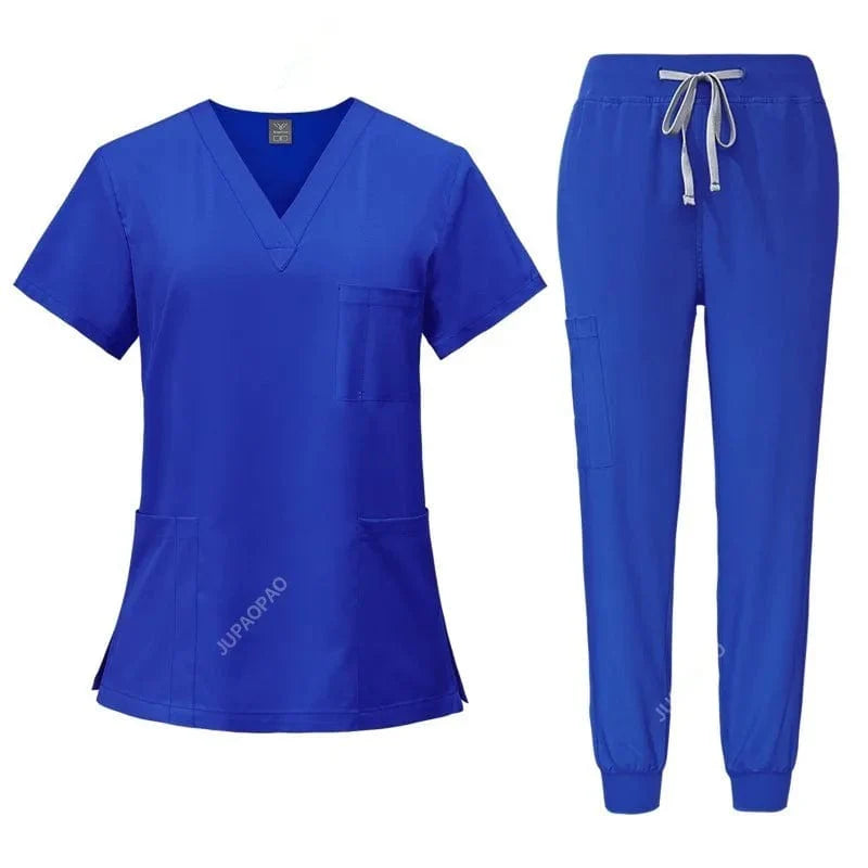 Women's stretch medical scrubs set with scrub top and pants, featuring pockets, ideal for nurses and doctors.