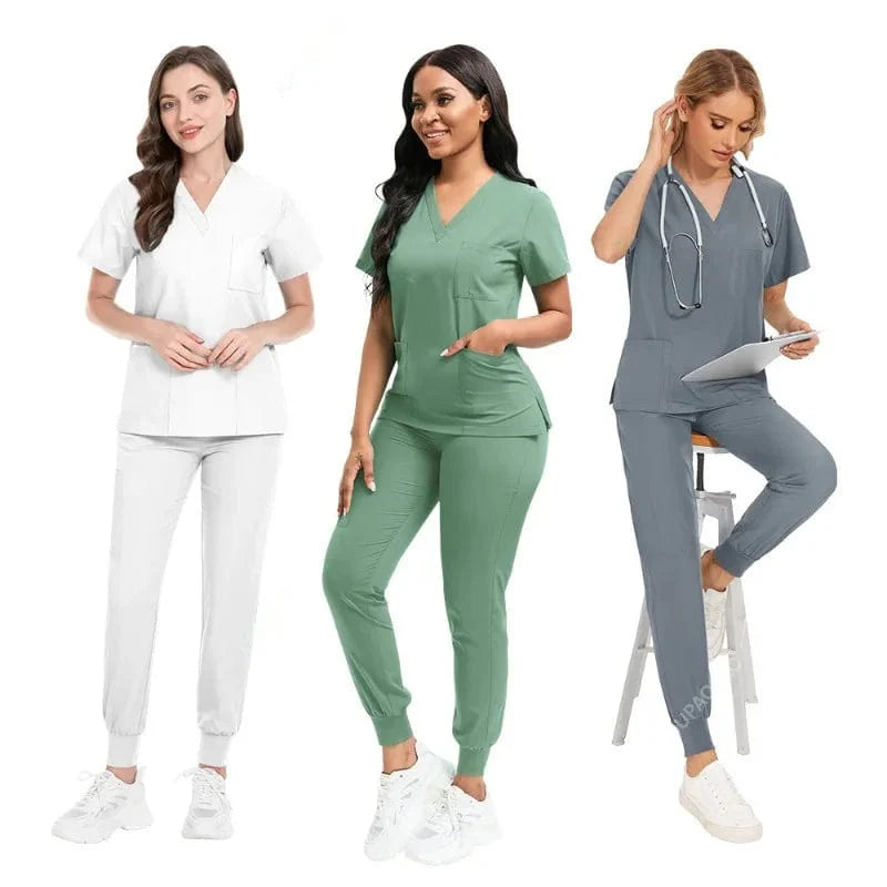 Women's stretch medical scrubs set by SHOWLU FASHION STORE, includes scrub top with pocket and matching pants, ideal for nurses and doctors.