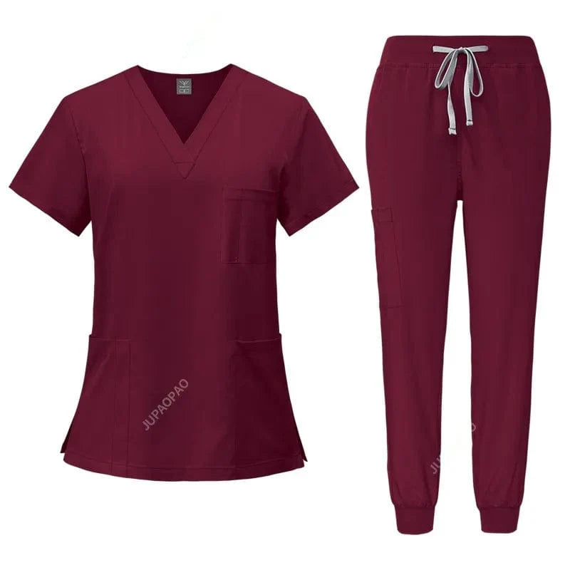 Women's stretch medical scrubs set with scrub tops and pants, featuring pockets, ideal for nurses and doctors, in a professional uniform.