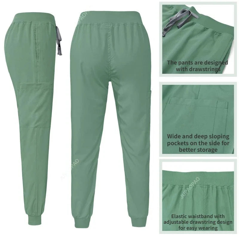 Women's stretch medical scrubs set by SHOWLU FASHION, featuring scrub tops with pockets and matching pants for nurses and doctors.