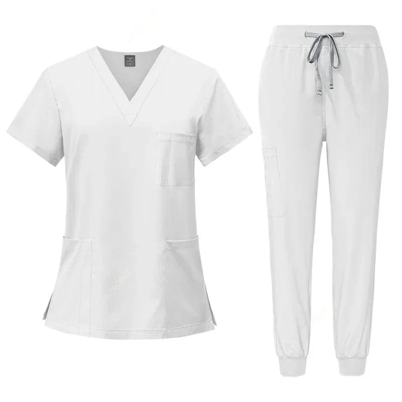 Women's stretch medical scrubs set by SHOWLU FASHION, featuring scrub tops with pockets and matching pants for nurses and doctors.