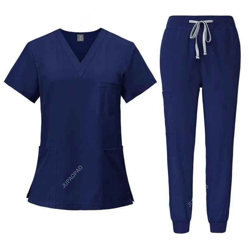 JUPAOPAO women's stretch medical scrubs set with scrub top and pants, featuring pockets, ideal for nurses and doctors.
