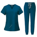 Women's stretch medical scrubs set with scrub tops and pants, featuring pockets, ideal for nurses, doctors, and healthcare professionals.