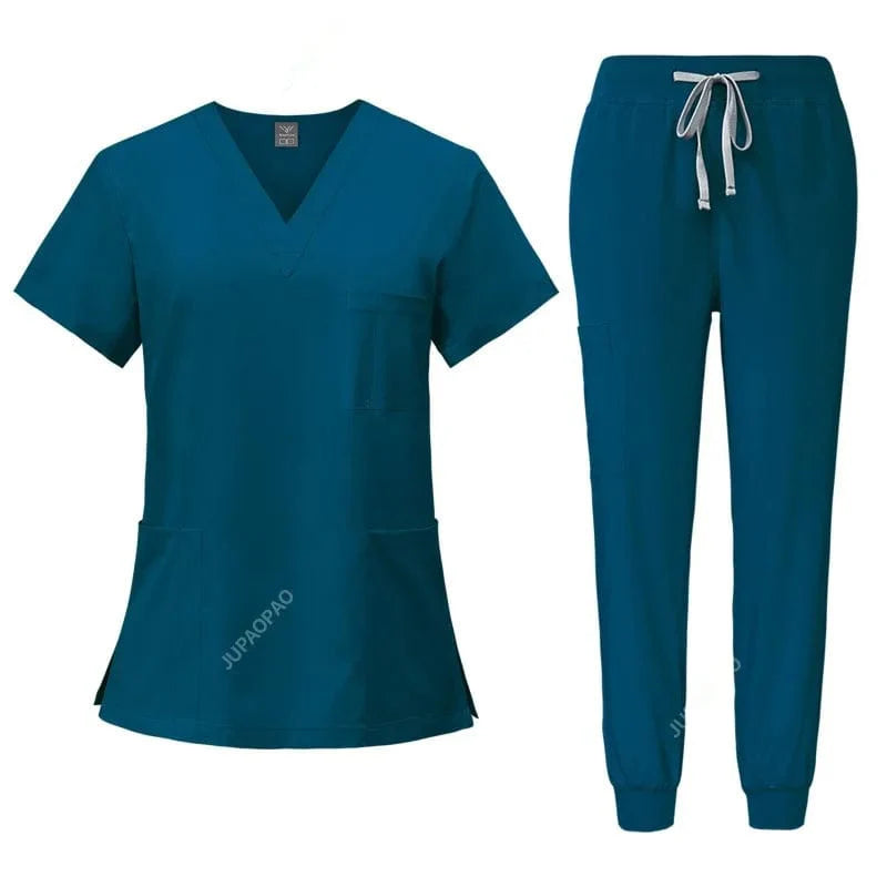 Women's stretch medical scrubs set with scrub tops and pants, featuring pockets, ideal for nurses, doctors, and healthcare professionals.