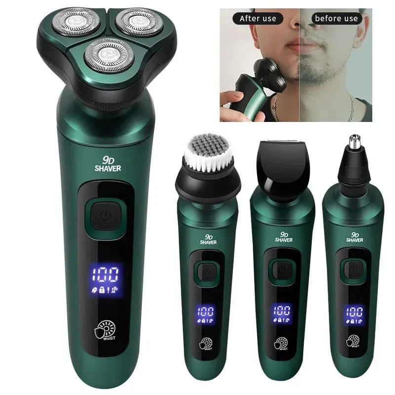 SHOWLU 4-in-1 electric shaver with 9D floating head, LCD display, USB recharge, and washable beard trimmer attachment.