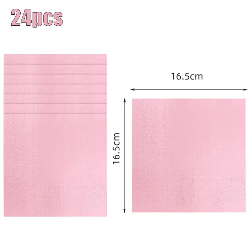 Light pink disposable tableware set including paper plates and cups for kids’ parties and baby showers.