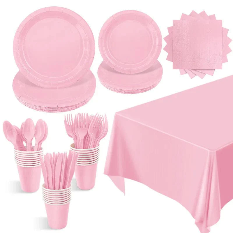 Light pink disposable tableware set including paper plates and cups for kids' parties and baby showers.