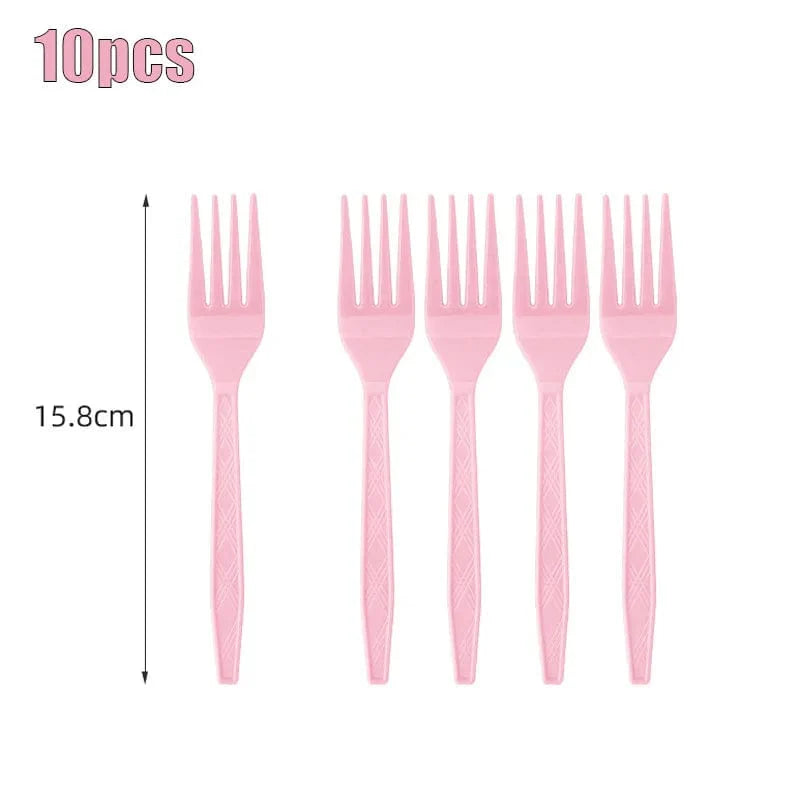 Light pink disposable tableware set by Showlu Fashion Store with paper plates, cups, and tablecloth for kids' parties and baby showers.