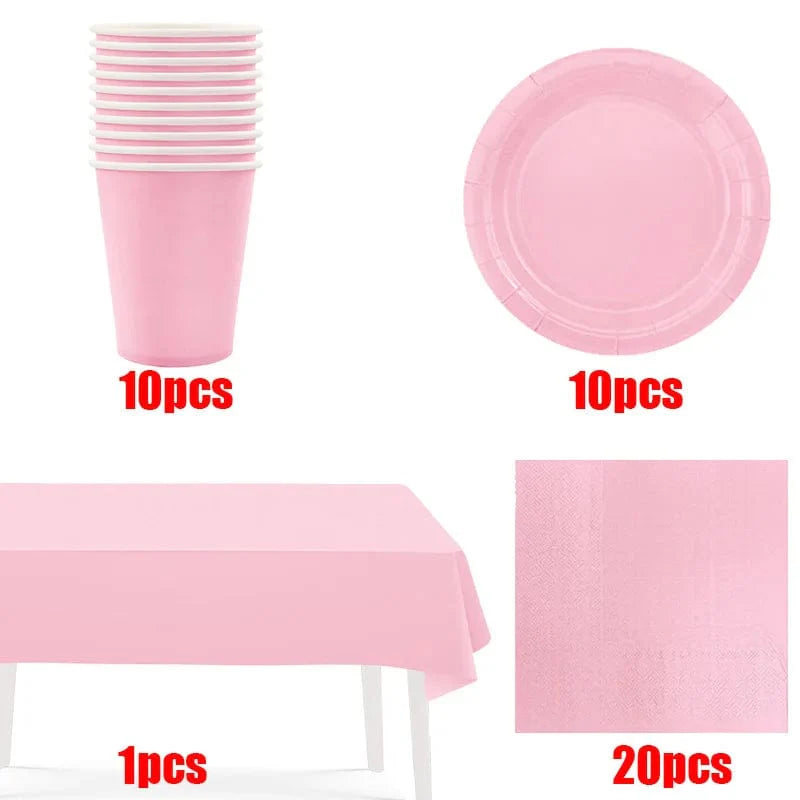 Light pink disposable tableware set with paper plates and cups, ideal for kids' parties and baby showers.