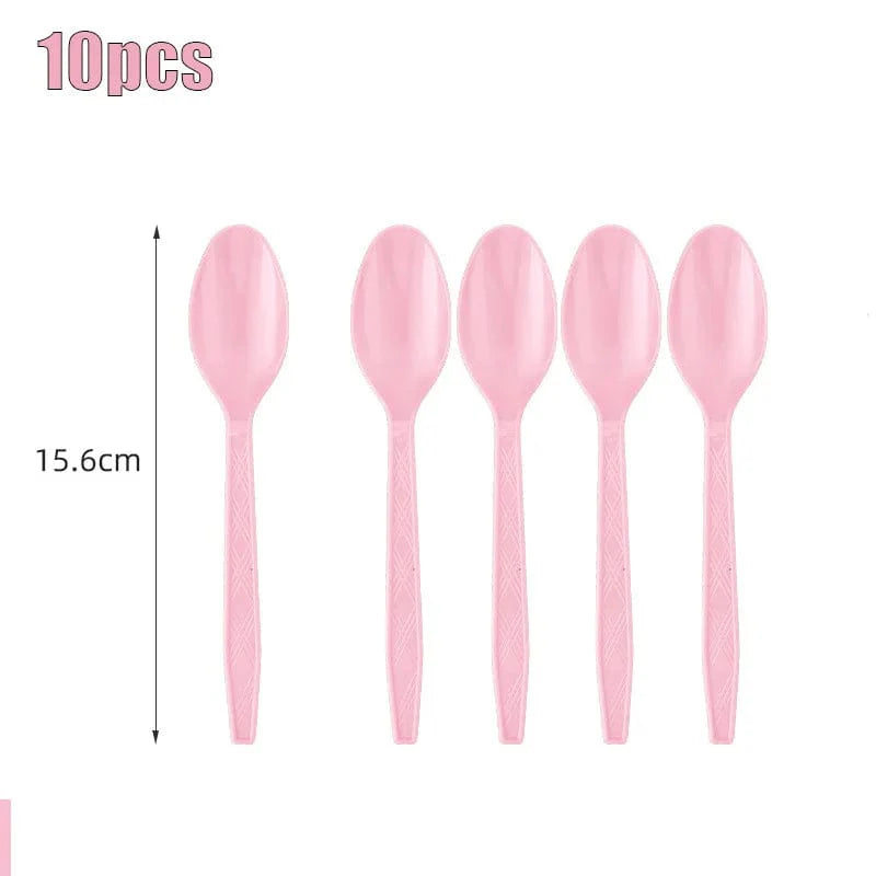 Light pink disposable tableware set including paper plates, cups, and tablecloth for kids' parties and baby showers.