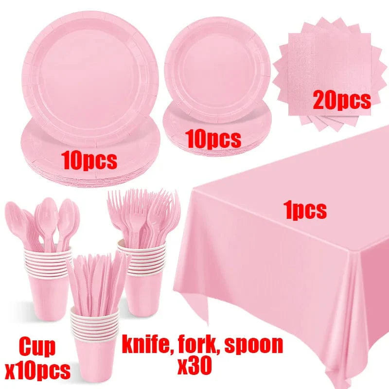 Light pink disposable tableware set with paper plates and cups, ideal for kids' parties and baby showers.