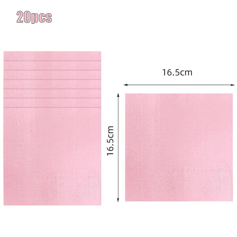 Light pink disposable tableware set with paper plates, cups, and tablecloth for kids' parties and baby showers.