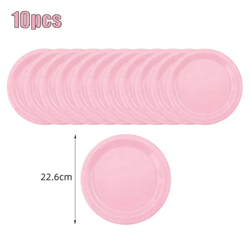 Light pink disposable tableware set by Showlu Fashion Store, includes paper plates and cups for kids' parties and baby showers.