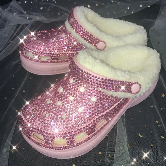 New Sparkly Plush Clogs Women High Heel Detachable Furry Hole Shoes Thick Sole Bling Bedazzled Clog Mules All Rhinestone Sandals - SHOWLU FASHION STORE