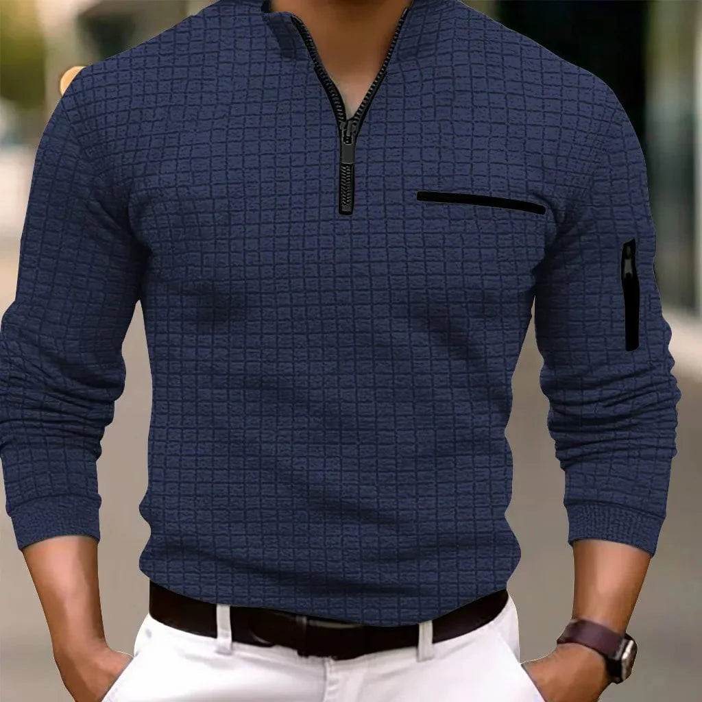 Men's SHOWLU plaid polo shirt with long sleeves and zip-up collar, featuring a checkerboard pattern for spring and autumn wear.