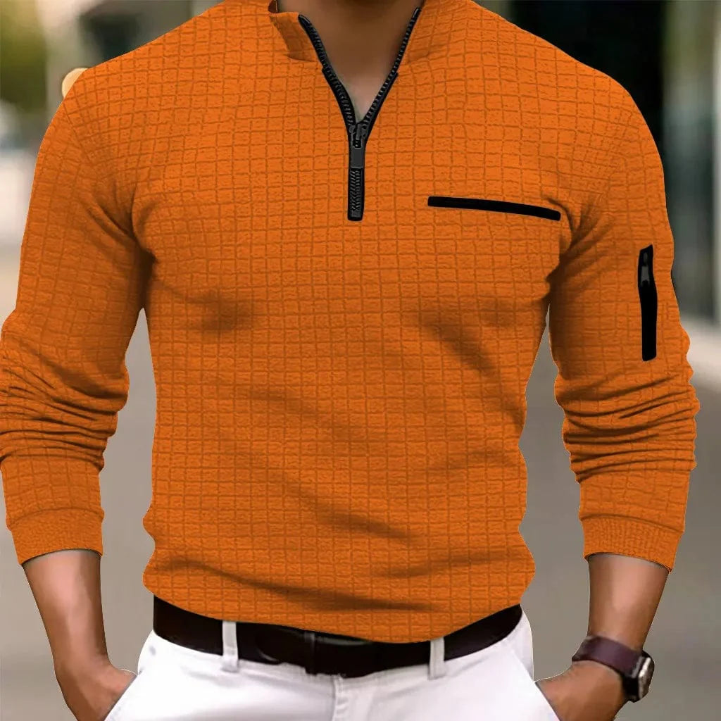 Men's SHOWLU plaid polo shirt with long sleeves and zip-up collar, featuring a black and white checkerboard pattern.