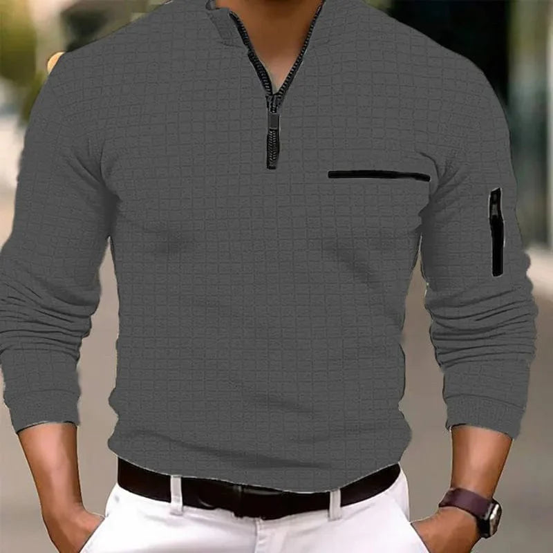 Men's SHOWLU plaid polo shirt with long sleeves and zip-up collar, featuring a classic checkerboard pattern for spring and autumn wear.
