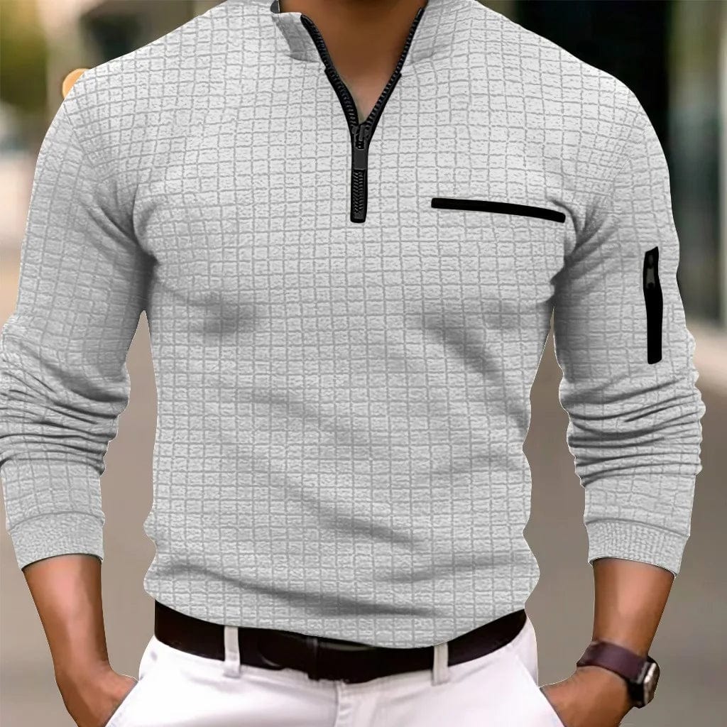 SHOWLU Men's long sleeve checkerboard plaid polo shirt with zip-up collar, ideal for spring and autumn casual wear.