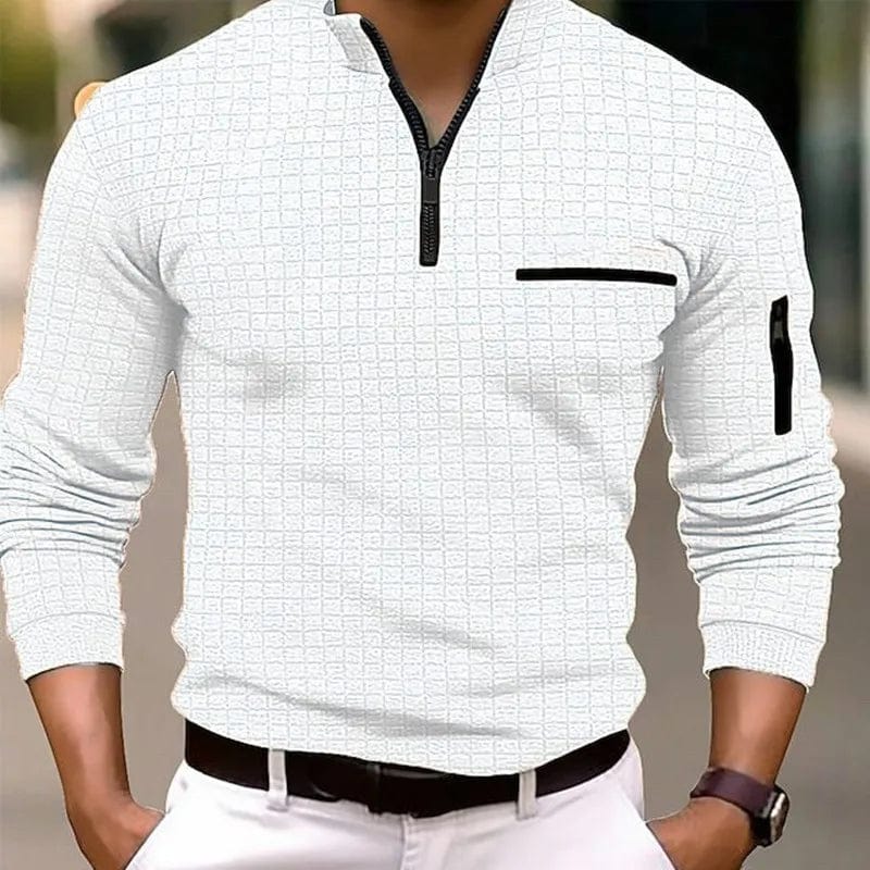 Men's SHOWLU plaid polo shirt with long sleeves and zip-up collar, checkered pattern, suitable for spring and autumn wear.