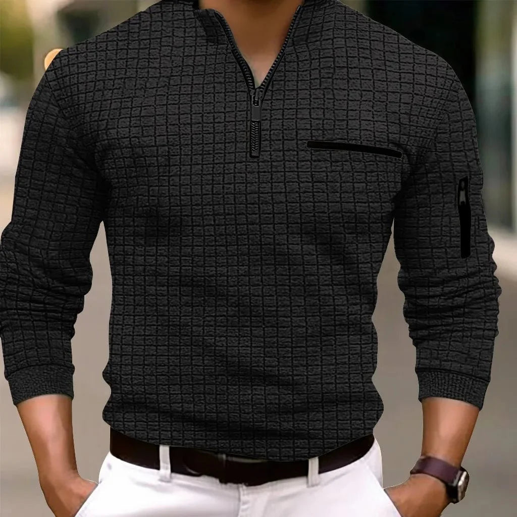 SHOWLU men's long sleeve checkerboard plaid polo shirt with zip-up collar, perfect for spring and autumn casual wear.