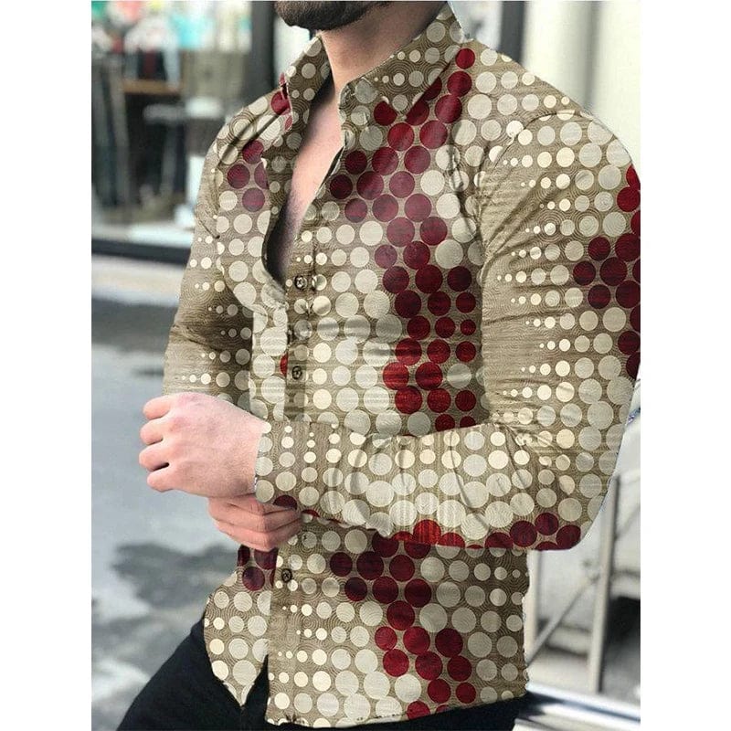Men's long sleeve jeans Fritz shirt with a dots print, turn-down collar, button-up front, casual streetwear style in spring and autumn.