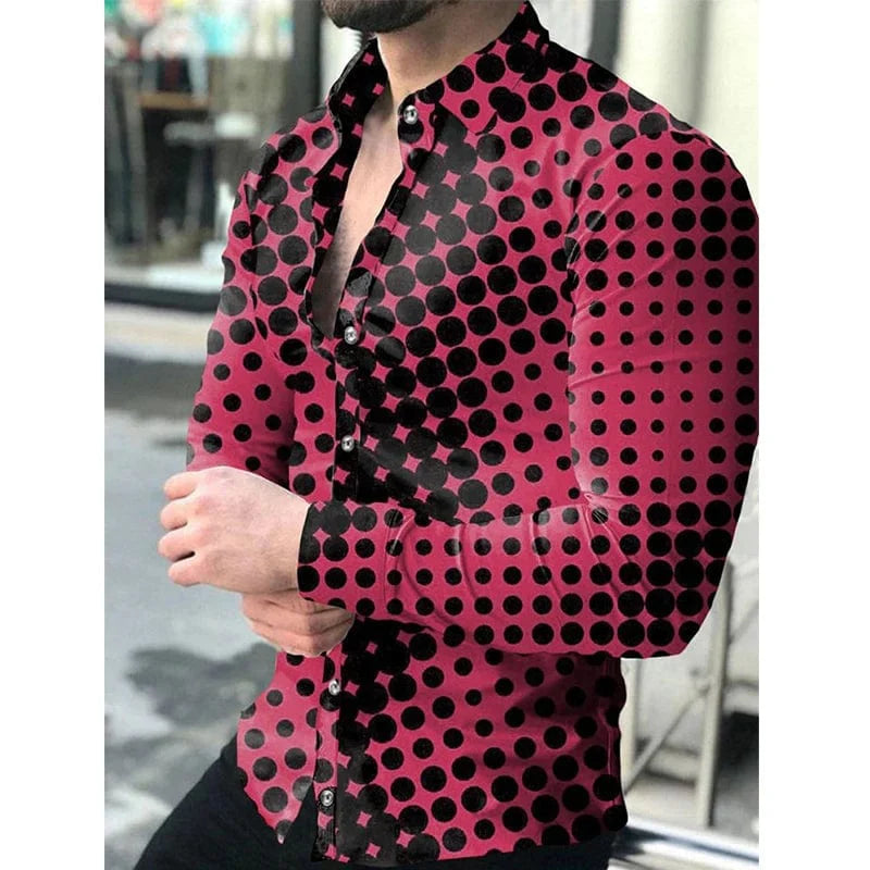 Men's long sleeve jeans Fritz shirt with a dots print, turn-down collar, casual buttoned style, perfect for spring and autumn.