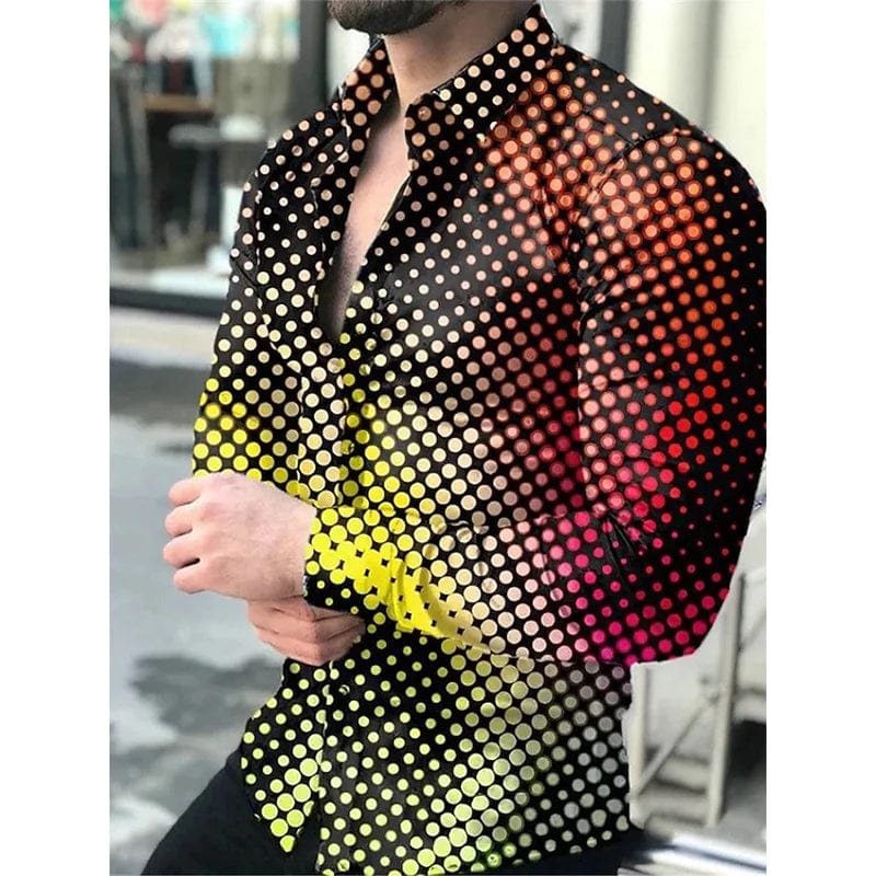 Men's long sleeve Fritz jeans casual shirt with dots print, turn-down collar, buttoned front, streetwear style by SHOWLU FASHION STORE