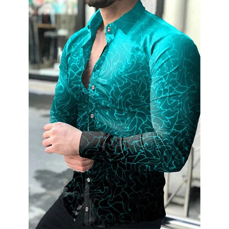 Men's long sleeve jeans Fritz casual shirt with a dots print, turn-down collar, buttoned front, suitable for spring and autumn streetwear.