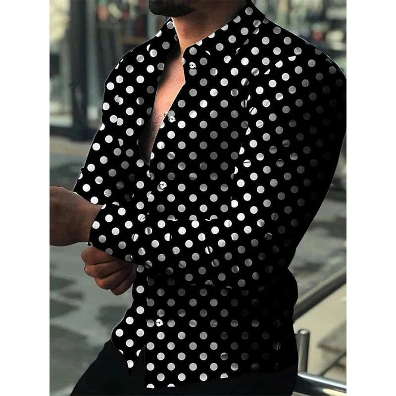 Men's long sleeve casual shirt by SHOWLU FASHION with a dots print, turn-down collar, buttoned front, ideal for spring and autumn wear.