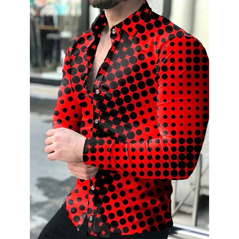 Men's long sleeve jeans shirt with a dots print, turn-down collar, casual button-up style, from SHOWLU FASHION STORE.