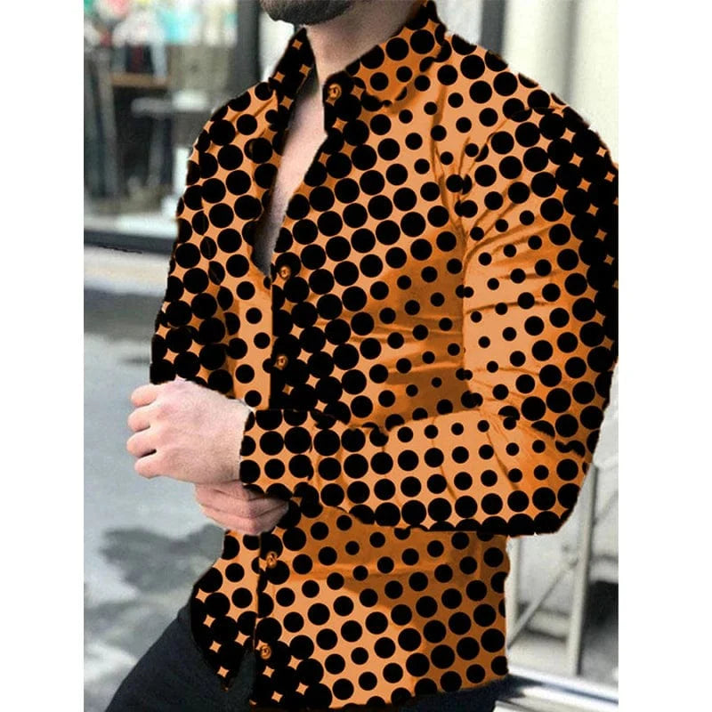 Men's long sleeve jeans Fritz casual shirt with dots print, turn-down collar, buttoned front, perfect for spring and autumn streetwear.