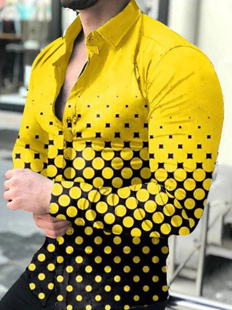 Men's long sleeve jeans Fritz casual shirt with dots print, turn-down collar, buttoned front, suitable for spring and autumn streetwear.