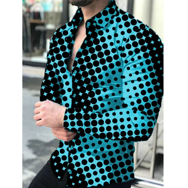 Men's long sleeve Fritz Dots Print casual shirt with turn-down collar, buttoned front, in streetwear style.